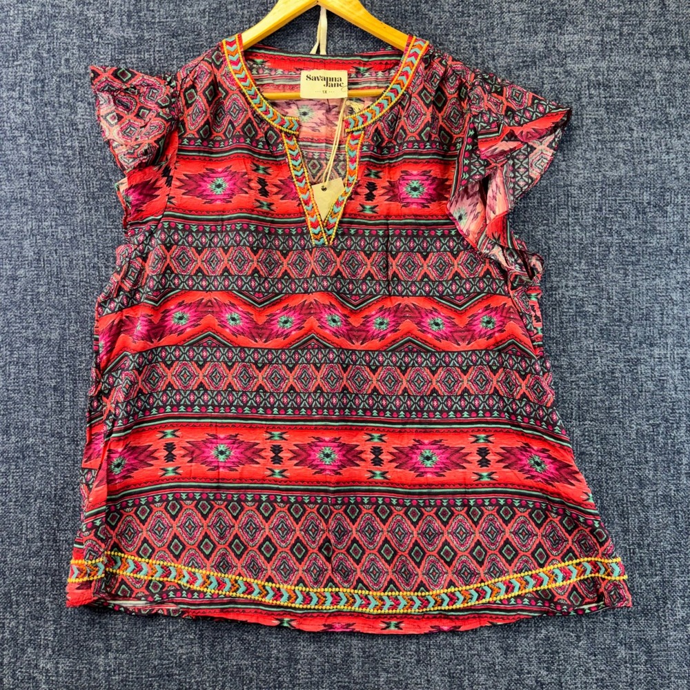 Savanna Jane Blouse Womens 1X Red Rayon Relaxed Southwestern Ikat Flutter Sleeve